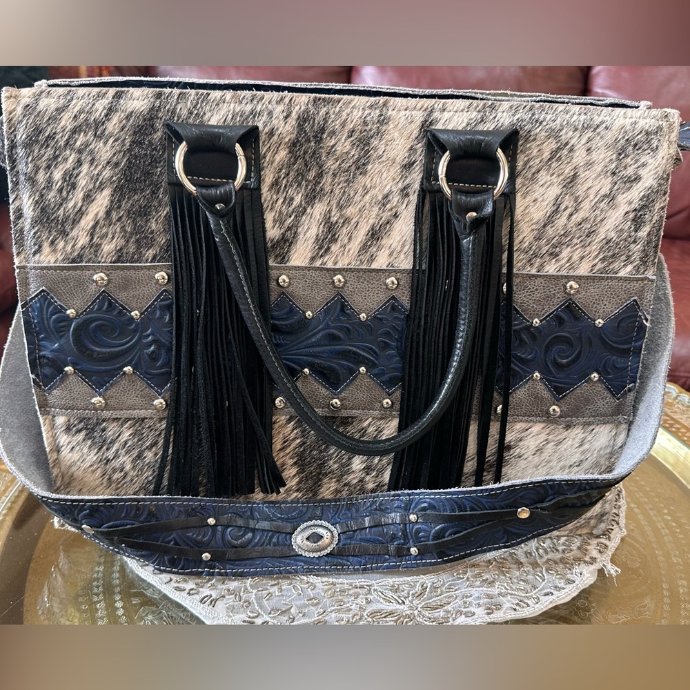 Holy Cow Couture Tote, uncarried. Gray, white, navy and black, Hair On Hide.
